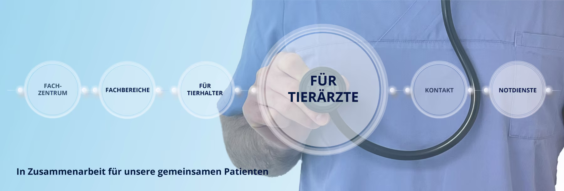 Grafik der Seite für Tieraerzte - zu sehen ist Dr. Berger mit Stethoskop und Text: In Zusammenarbeit für unsere gemeinsamen Patienten