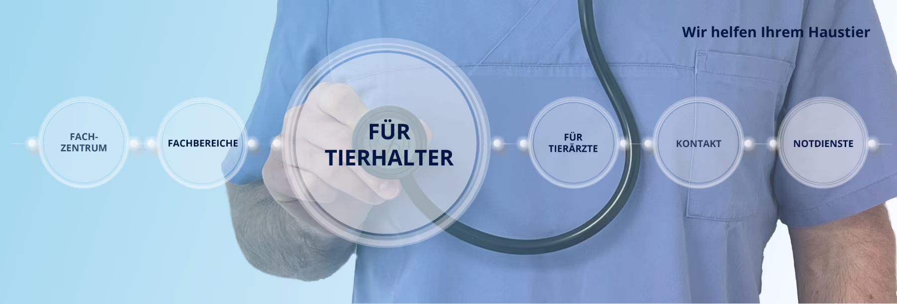 Grafik der Seite Für Tierhalter - zu sehen ist Dr. Berger mit Stethoskop und Text: Wir helfen Ihrem Haustier